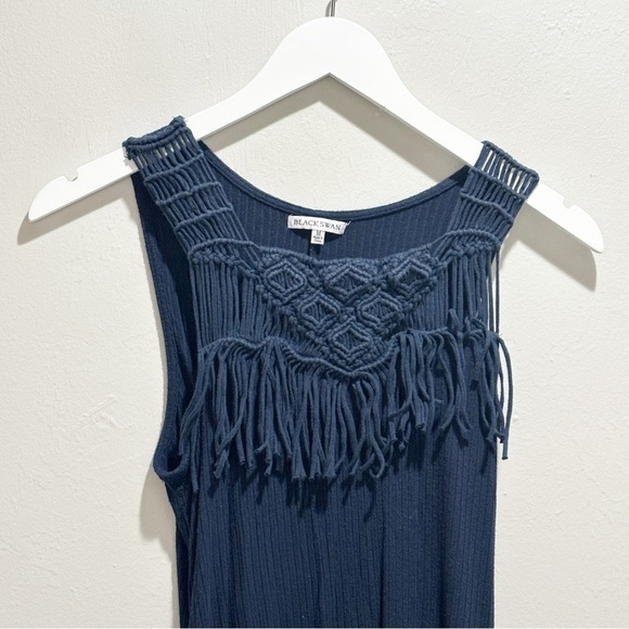 BLACK SWAN Women’s Navy Blue Ribbed Cutout Back Boho Dress Crochet Trim Size M - Picture 3 of 8
